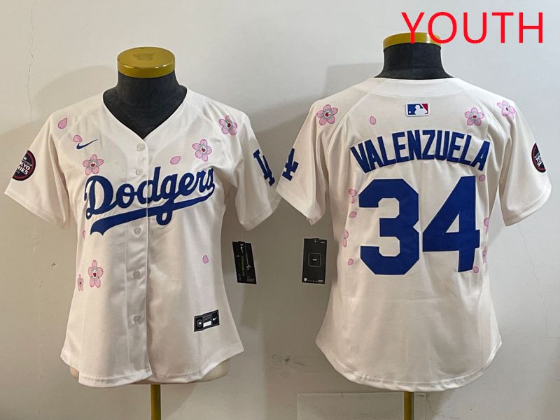 Youth Los Angeles Dodgers #34 Valenzuela Cream Sakura Edition 2025 Nike MLB Jersey style 1